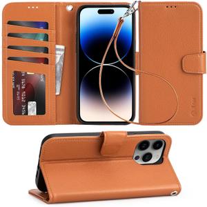 Arae Compatible with iPhone 14 Pro Max Wallet Case with Card Holder and Wrist Strap Wallet Flip Cover for iPhone 14 Pro Max 6.7inch, RFID Blocking, Kickstand,Litchi Brown