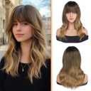 Haloo Brown Wigs with Bangs - 19 Inch Natural Wavy Synthetic Heat Resistant Medium Length Hair Wigs for Women Daily Party, Ombre Brown