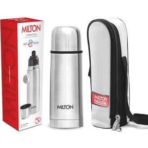 Milton Thermosteel Flip Lid Flask 350, Double Walled Vacuum Insulated Thermos 350 ml | 12 oz | 24 Hours Hot and Cold Water Bottle with Cover, 18/8 Stainless Steel, BPA Free, Leak-Proof | Silver