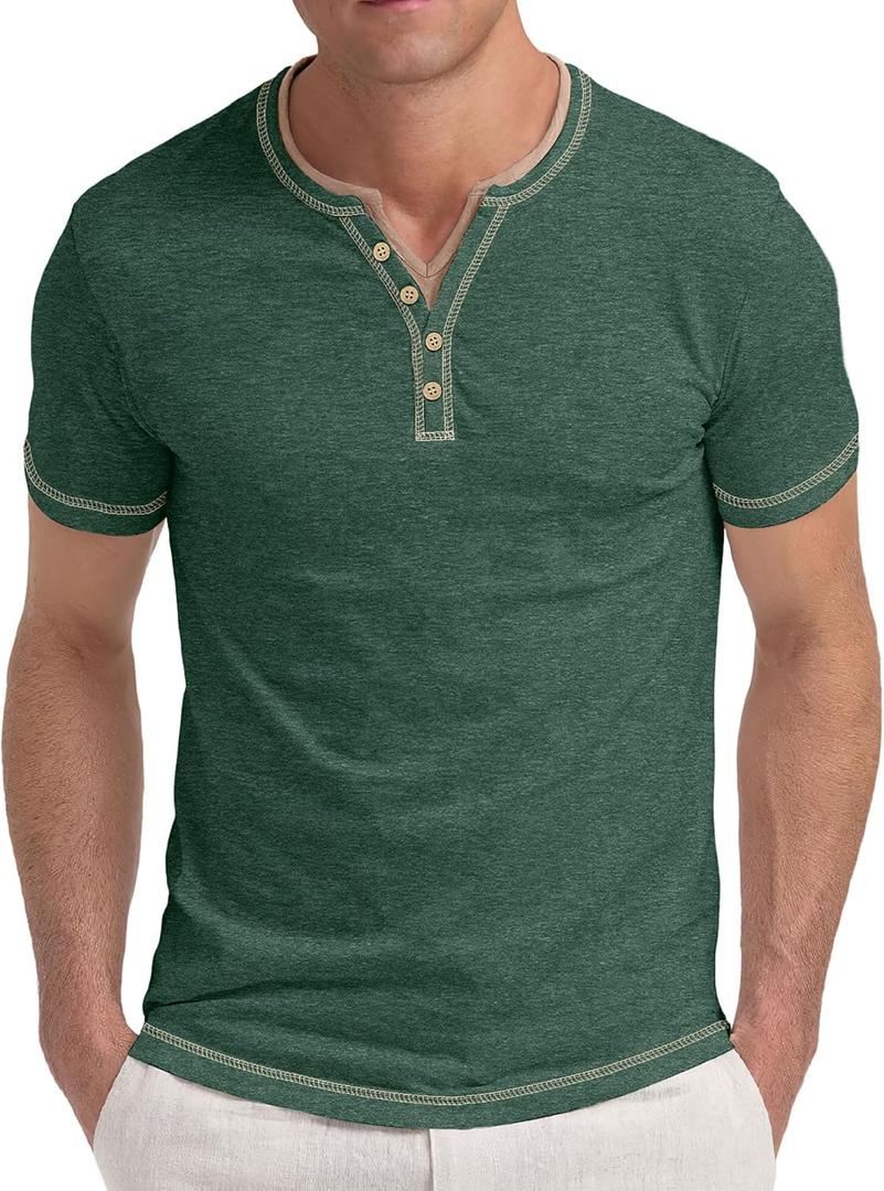 Aimeilgot Mens Henley Shirts Short Sleeve Casual T-Shirts Washed Slim Fit Front Placket Soft Button Tees (Green, XL)