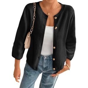 Cicy Bell Womens 3/4 Puff Sleeve Cardigan Sweater Fall Trendy Casual Button Up Loose Fit Cropped Knit Sweaters Black Size M