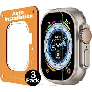 Smiling 3 Pack Screen Protector Compatible with Apple Watch Ultra 3 (2025)/ Ultra 2 /Ultra 49mm and Auto-alignment Installation Frame, Anti-Scratch Tempered Glass Screen Protector, Bubble Free, Touch Sensitive (Transparent)