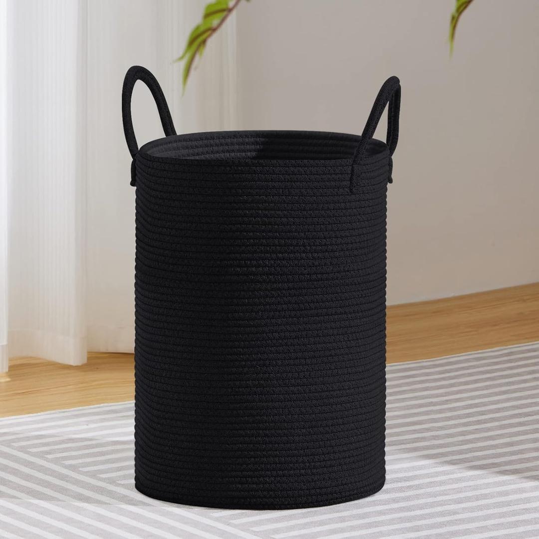 VIPOSCO Large Laundry Hamper, Tall Woven Rope Storage Basket for Blanket, Toys, Dirty Clothes in Living Room, Bathroom, Bedroom - 58L Black