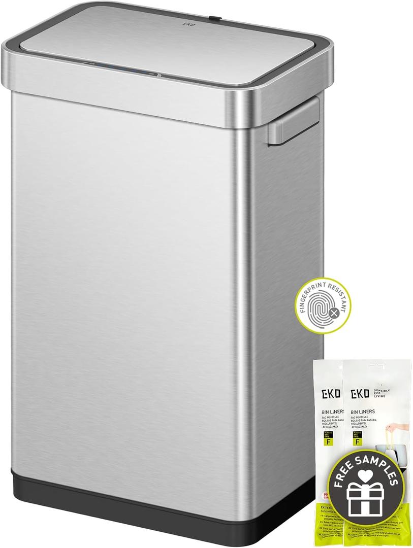EKO Deluxe Mirage-T 50 Liter / 13.2 Gallon Touchless Rectangular Motion Sensor Trash Can, Matte Stainless Steel Finish