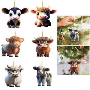 Cartoon Cow Decorative Hanging Ornaments for Christmas Tree,Cute Cartoon 2D Acrylic Highland Cow Pendants Christmas Tree Decorations(12 pcs)