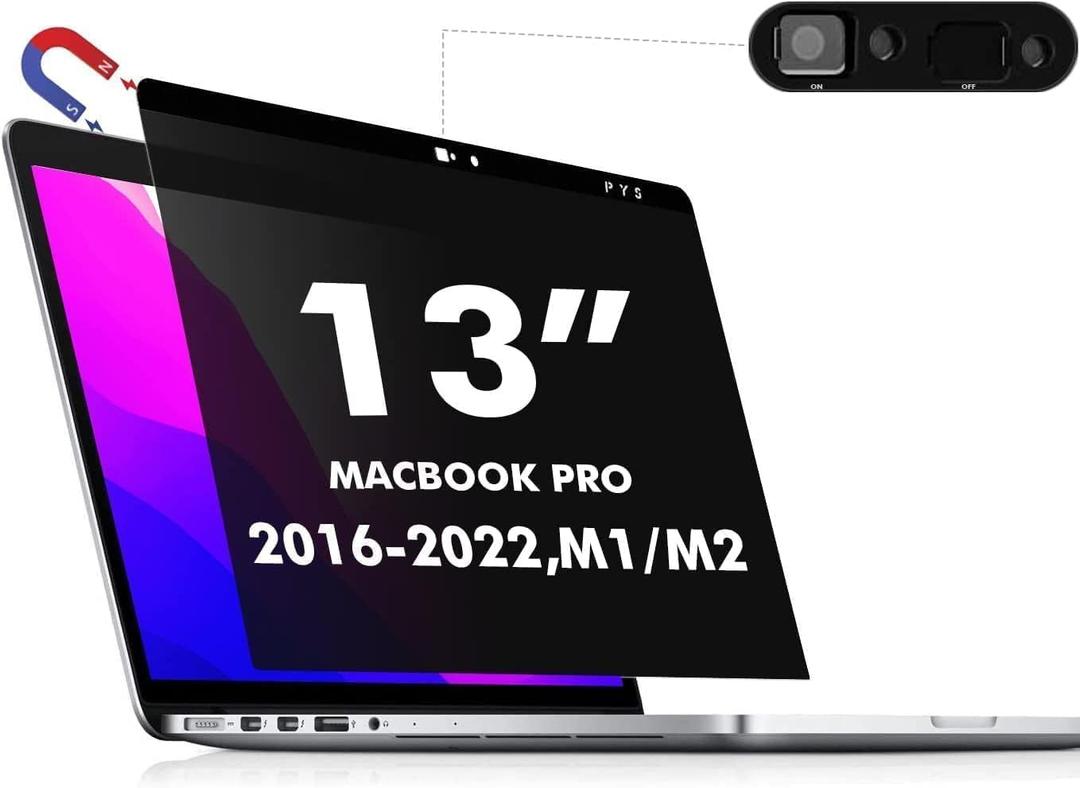 PYS Privacy Screen for MacBook Pro 13.3 Inch Laptop (2016-2022 M1/M2) Magnetic Anti-Spy Security Filter with Webcam Cover Slider, Easy On/Off & Touch Bar Compatibility for MacBook Pro 13 inch Laptops