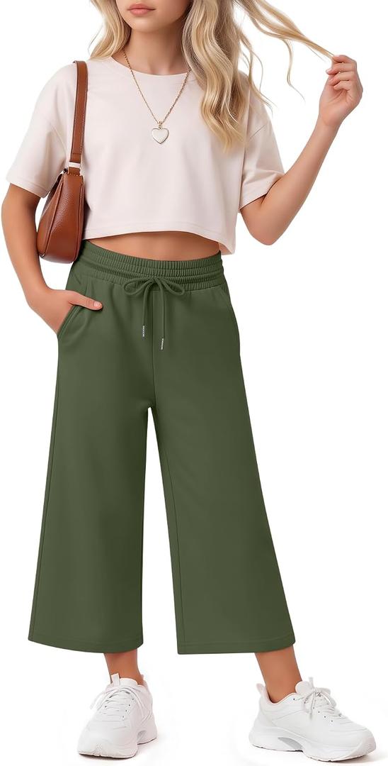 Halfchet Girls Capri Pants Wide Leg Sweatpants Baggy Cropped Pants Loose Fit Casual Basic Capris with Pockets for Ages 5-14