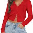 LEEDYA Women's Long Sleeve Cardigans Open Front Knit Cropped Sweaters Fall V Neck Button Down Jacket Tops (Red, M)
