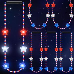 4th of July Bead Necklace Light up LED Neon Beaded Necklaces Bulk Patriotic Red White and Blue Star Accessories for Independence Day Memorial Day Events Party Celebration