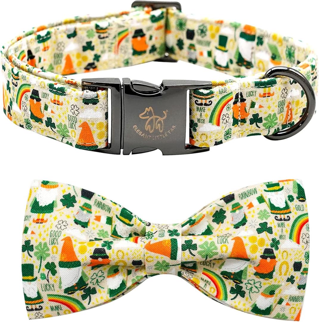 Elegant little tail St. Patrick's Dog Collar, Green Clover Print Sturdy Soft Dog Collars Pet Gift Puppy Bowtie Adjustable Pet Collars for Small Dogs (Small (Pack of 1), A: Gold Lucky)