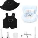 17cm Doll Clothes Set(NO Dolls),Car Seat for 10-17cm Dolls,Outfit Set with Hat & Overalls+Doll Car Seat Vent Clip with Seat Leg,Cute and Functional Accessories Suit+Chair(Black Clothes+Green Dress)