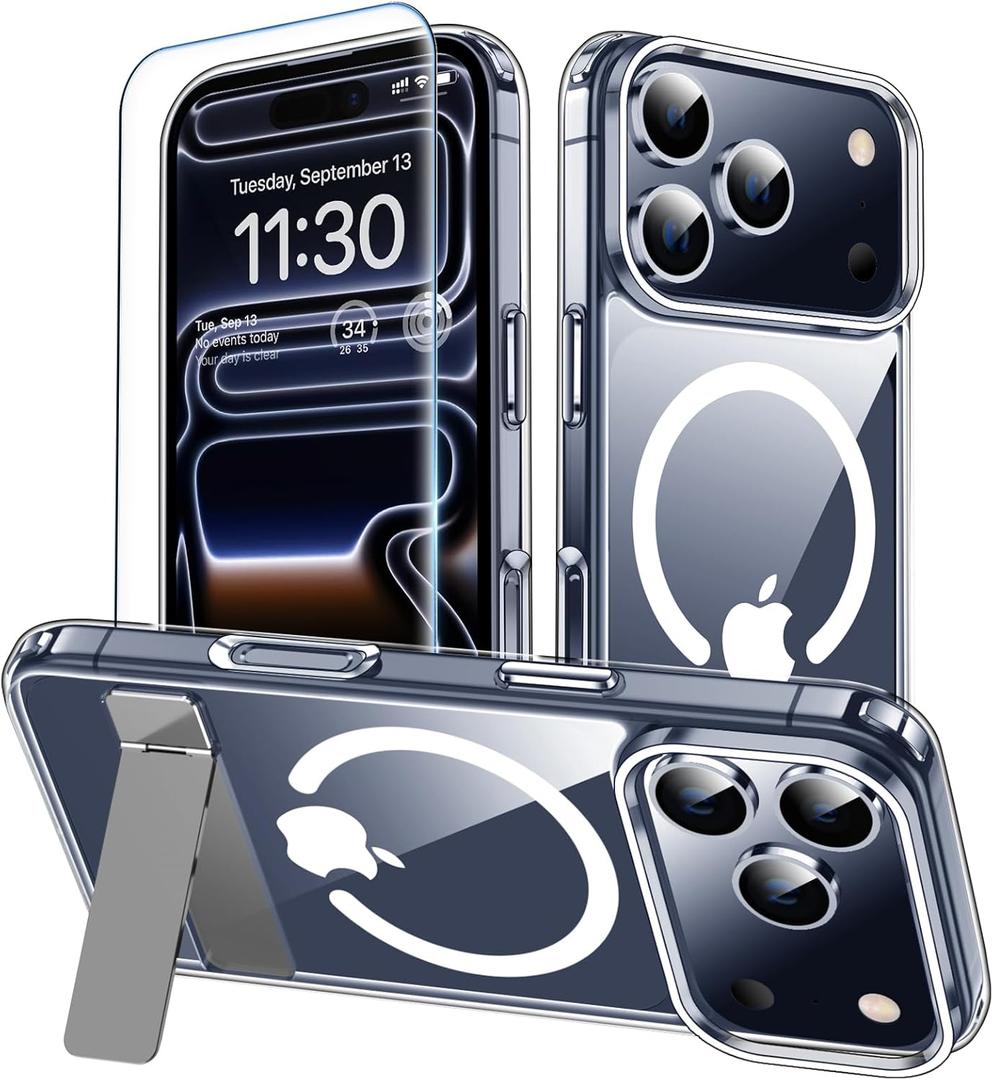 xiwxi for iPhone 17 Pro Max Case with Kickstand,[Compatible with Magsafe][1*Screen Protector],Military-Grade Protection & Anti-Yellowing,Magnetic Phone Case for iPhone 17 Pro Max,Clear