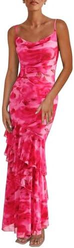 PRETTYGARDEN Maxi Dresses for Women 2025 Floral Beach Sundress Spaghetti Strap Tiered Summer Wedding Guest Long Dress, S