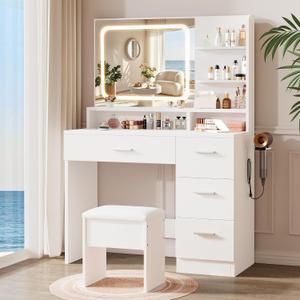 LIVELYGLOW Makeup Vanity Desk Set, 35.4Wx15.7Dx53.9H, White (Smart LED Mirror, with Cushion Stool, Hairdryer Rack, Power-Outlet, 4 Drawers, Open Shelves), 35.4x15.7x53.9