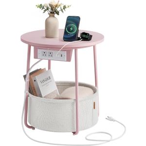 VASAGLE Side Table with Charging Station, Round End Table With Fabric Basket, Nightstand with Power Outlets USB Ports, for Living Room, Bedroom, Modern, Jelly Pink and Cream White ULET228R01 (Jelly Pink + Cream White)