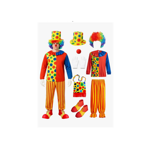 7 Piece Adult Clown Costume Set with Wig, Hat, Nose, Gloves, Shoes, Bag for Halloween Parties, L
