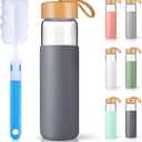 25 Oz Borosilicate Glass Water Bottles with Silicone Sleeve BPA Free, Dishwasher Safe - Reusable Clear Glass Drinking with Leak Proof Bamboo Lid | Perfect Gym Water Bottles for Men & Women (Charcoal Grey)