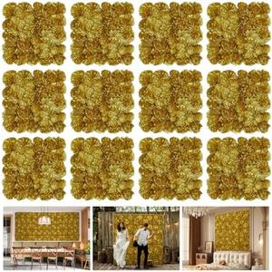 RIDDSEE Autumn Collection Artificial Fall Flower Wall Panels - 12-Piece Set of 15x15inch Gold Silk Roses Flowers Wall Backdrops for Fall Weddings Thanksgiving Background and Seasonal Home Elegance