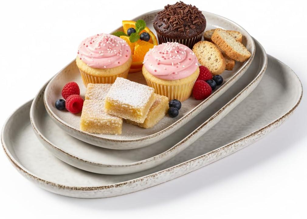 AmorArc Ceramic Serving Platters, Reactive handcrafted Oval Plates for Entertaining, Stoneware Kitchen Dishes for Dinner, Fruit, Salad, Turkey,Party. Microwave & Dishwasher Safe, Set of 3, Stone Stalactites