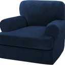 H.VERSAILTEX Sofa Cover 2 Piece T Cushion Armchair Slipcovers Thick Velvet Couch Cover Furniture Protector Stretch T Cushion Sofa Covers for 1 Cushion Couch with 1 Individual T Cushion Covers, Navy
