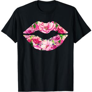 Pink Lips Flower Lip Print - Flower Pink Lips T-Shirt