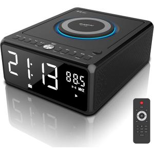 Gelielim CD Player Alarm Clock Radio with Remote, Bluetooth Boombox CD Players for Home, 10W Fast Wireless Charging,FM Radio CD Player, Support AUX/USB/Timer/Dimmer/Auto Time Setting, Large LCD