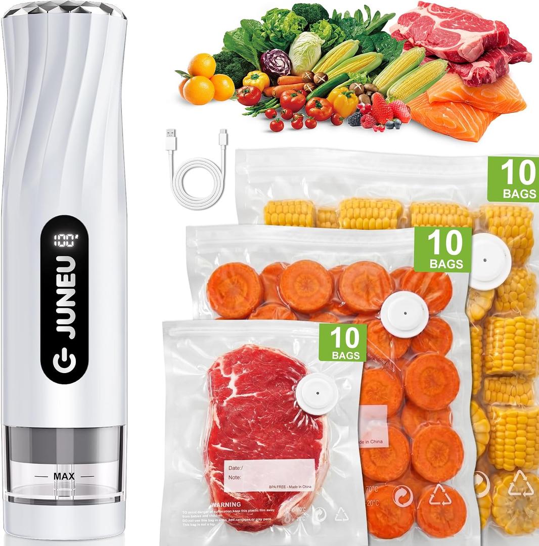 JUNEU Handheld Vacuum Sealer for Food + 30 Reusable Bags, Dry & Moist Food Compatible, Liquid Ingress Protection, Visible Water Tank, Rechargeable Food Saver for Kitchen Sous Vide, Meal Prep, Meat