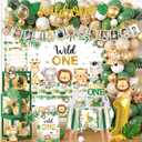 Wild Birthday Decorations,Safari Birthday Decorations 169pcs 1st birthday Decorations Banner Backdrop Tablecloth Cake Topper Box Balloon Garland for Jungle Safari First Birth day Decor