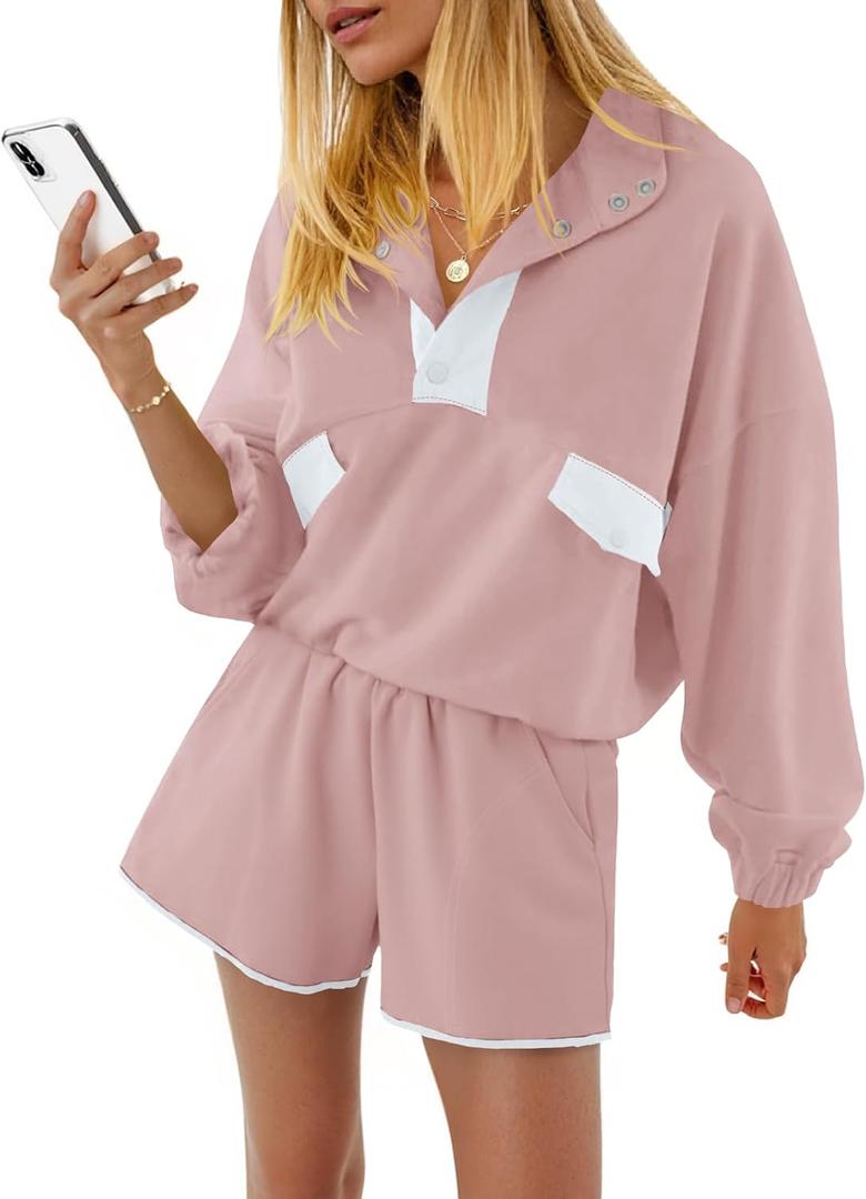 Fisoew Womens 2 Piece Sets Sweatsuits Casual Half Button Color Block Sweatshirts Running Shorts Tracksuits Fall Outfits, XXL, Pink