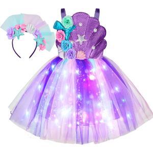 Spooktacular Creations Halloween Girl Mermaid Tutu Dress, Shell Mermaid Costume, LED Kids Princess Dress for Cospaly Party (Purple, M)