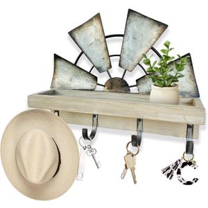 RootyHeart Windmill Key Holder Wall Mount, Decorative Wall Mounted Key and Mail Rack with Shelf, Farmhouse Wall Decor, 4 Rustic Hooks for Coats & Keys, Gray Western Key Holder