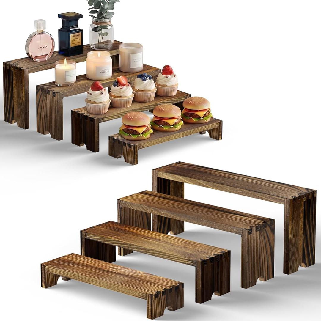 2 Set Wood Risers Tiered Display Stands Wooden Cupcake Stand Large Perfume Organizer Stackable Food Display Risers for Party Dessert Table Cologne Organizer Wood Risers for Decor Vendor, Brown