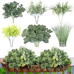 24Pcs Artificial Outdoor Plants UV Resistant Fake Plastic Greenery Boxwood Eucalyptus Spring Onion Grass for Outside Yard Front Porch Patio Window Box Planter Hanging Basket Decor (Grey Green)