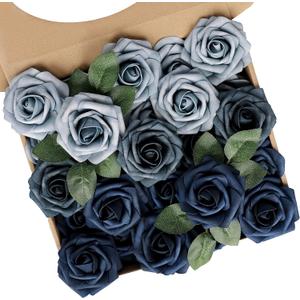 N&T NIETING Fake Roses,25pcs Artificial Flowers Dusty Blue Fake Roses Faux Flowers Fake Flowers for DIY Wedding Bouquets Centerpieces Floral Arrangements Home Decorations Shades of Navy Blue