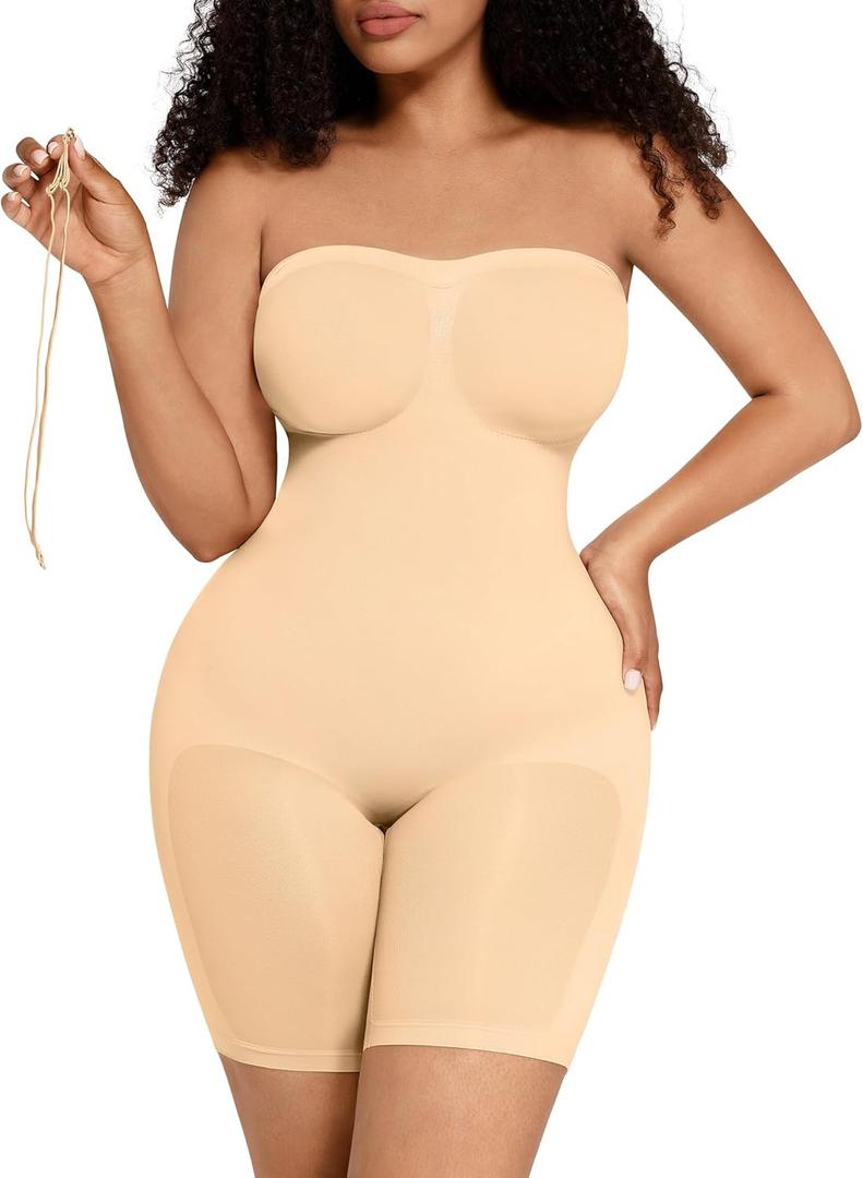 FeelinGirl Strapless Bodysuit for Women Tummy Control Shapewear Seamless Sculpt Body Shaper with Removable Straps (Small, Clay)
