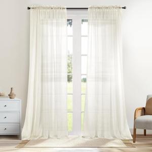 Dreaming Casa Solid Sheer Curtains 96 Inches Long Ivory Rod Pocket Voile Draperies for Bedroom Living Room, 2 Panels, Each 42" W x 96" L