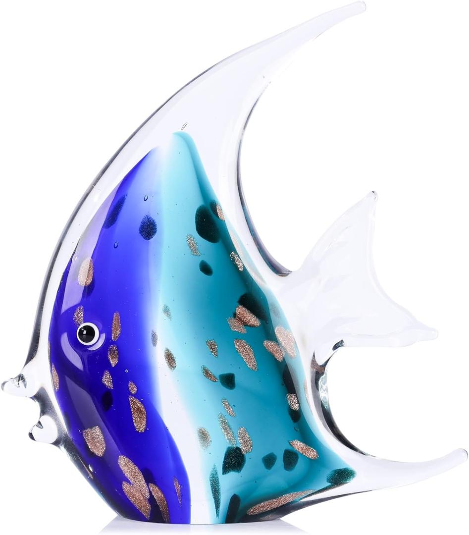 XMGZQ Hand Blown Glass Fish Figurines,Sea Glass Art Figurines Ornament,Tropical Fish Paperweights,Coastal Beach Room Decor,Colorful Aesthetics Home Decor for Bookshelf,Office,Living Room (Blue Green)