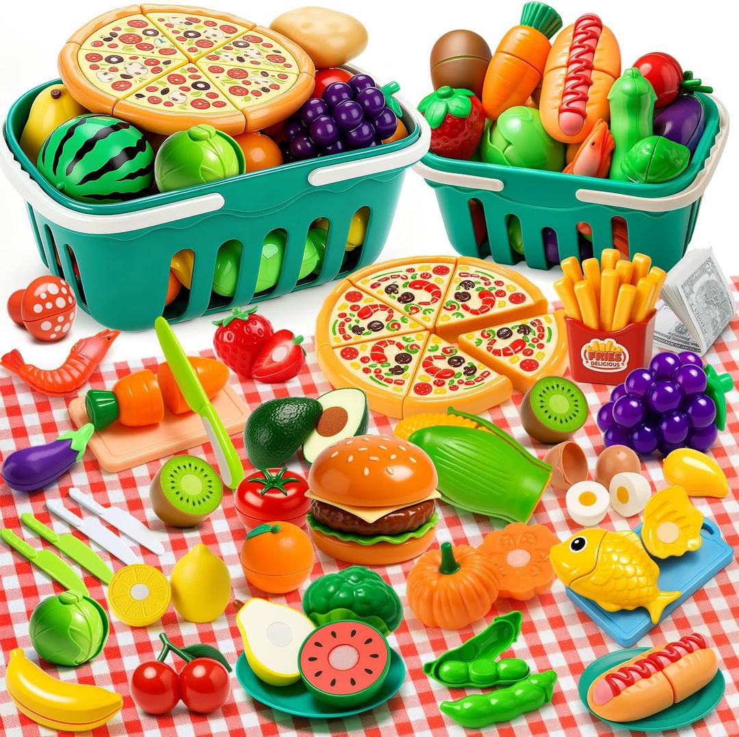 120 PCS Safe Durable Play Food Set for Kids Kitchen with Fruits, Veggies, Meat, 2 Baskets and Mat  Educational Pretend Toys for Boys and Girls Ages 3 4 5, Perfect Christmas and Birthday Gift