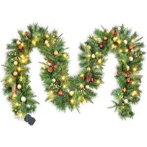 Pre-lit Pine Garland Christmas Decoration Clearance, 9ft Winter Greenery Garland for Holiday Season Mantel Fireplace Table Runner Centerpiece Decor