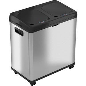iTouchless 16 Gallon Stainless Steel Dual Compartment Sensor Kitchen Trash Can and Recycle Bin with Wheels – 60L Rectangular Garbage Can with Touchless Motion Sensor Lid & Removable Inner Buckets