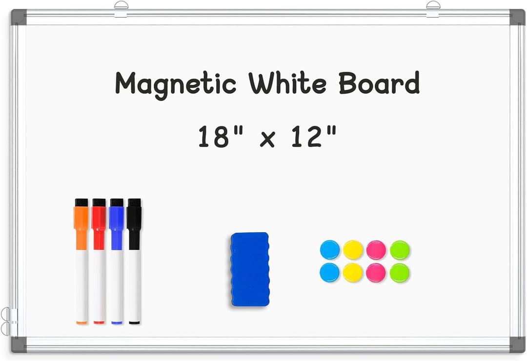 Double-Sided Magnetic Whiteboard, 18" x 12" Dry Erase Board Aluminum Frame for Wall, White Board Marker Board for Kitchen, Memo, School, Home, Office