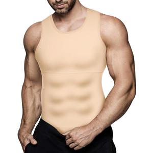 Mens Compression Shirt Slimming Body Shaper Vest Workout Tank Tops Abs Abdomen Undershirts (Large, Beige)