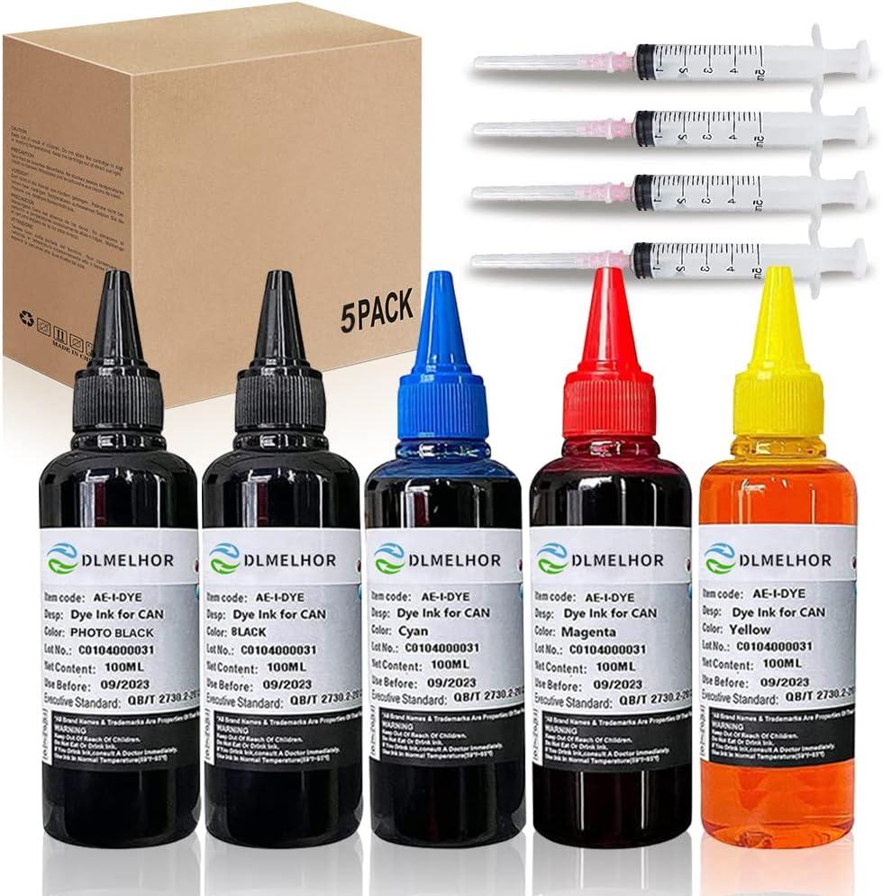 Dye Ink Refill kit for Canon PG240 PG-250 251 CL241 PG245 CL246 PG-243 CL-244 5 Color Set 5pcs Refillable Ink Inkjet Cartridge PIXMA MG3620 MG2522 MG2525 TS3322 with 4 Syringe(5x100ml,PBK+BK+CMY)