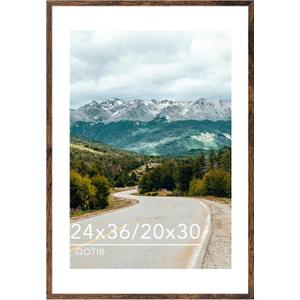 Wood 24x36 Picture Frame with 20x30 Mat, Display 20x30 with Mat or 24x36 Without Mat, Wood 24 by 36 Photo Frame, 24 x 36 Frame for Wall Hanging Display, Deep Brown