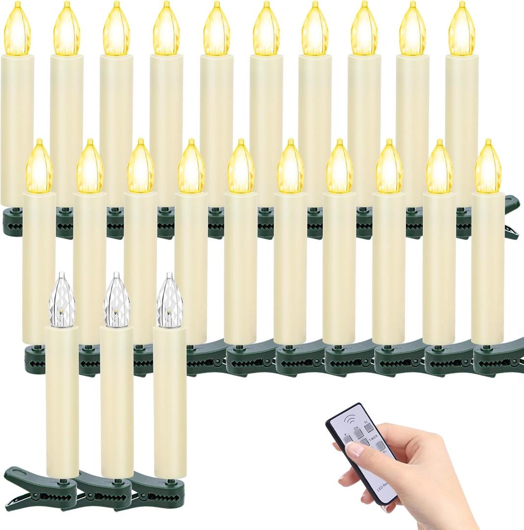 20 PCS Flickering Christmas Tree Candle Lights, Clip on Candles for Christmas Tree Battery Operated with Remote Timer, Flameless LED Window Candles for Home Christmas Party Decoration
