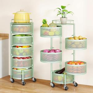 SAYZH Fruit Vegetable Basket for Kitchen, Rotating Storage Rack, 5 Tier Rolling Cart with top lid, Large Metal Wire Basket for for Potato Onion Snack, Green