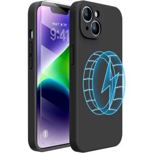 Miracase Magnetic Case Designed for iPhone 14 Case with Screen Protector,[Upgraded Enhanced Camera Protection],Shockproof Liquid Silicone Case 6.1 inch,Black-Magnetic