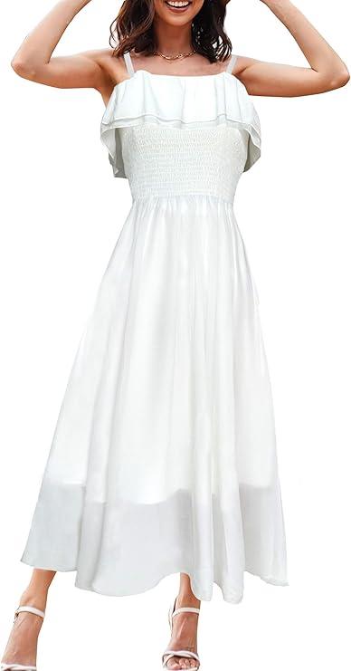 Women's Summer Dresses 2025 Sundress Spaghetti Strap Smocked Ruffle Beach Long Dress Boho Floral Maxi Dresses M