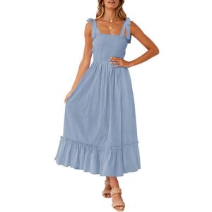 ZESICA Women's 2025 Summer Boho Spaghetti Strap Square Neck Solid Color Ruffle A Line Beach Long Maxi Dress (Blue) Small
