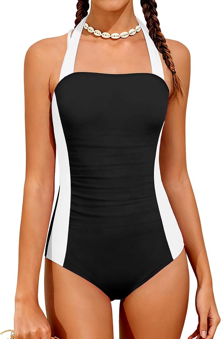 DONWEN Girls Swimsuit Color Block Halter Neck + Criss Cross Straps Ruched One Piece Bathing Suit for Girls 13-14Y (Black)